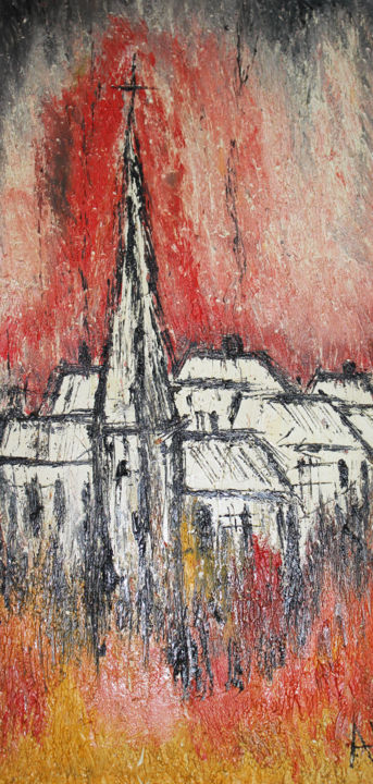 Painting titled "Le village sorti de…" by Alochka, Original Artwork, Oil