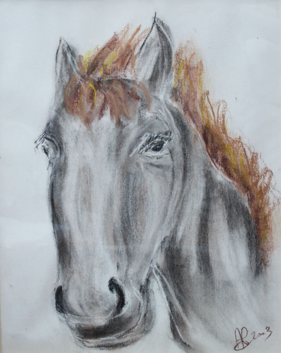 Drawing titled "Le cheval gris" by Alochka, Original Artwork, Pastel