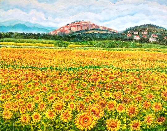 Painting titled "Sunflowers painting…" by Alona Santhorieieva, Original Artwork, Oil