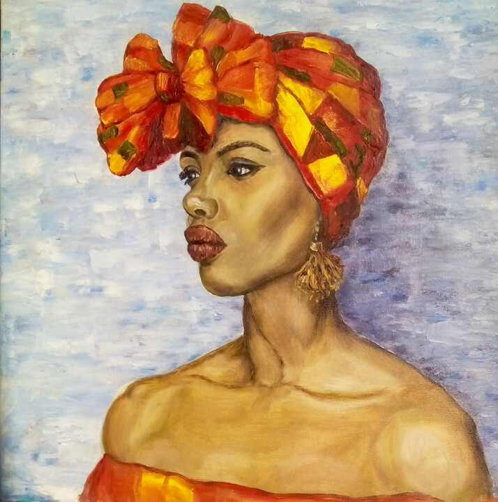 Painting titled "African woman portr…" by Alona Santhorieieva, Original Artwork, Oil Mounted on Wood Stretcher frame