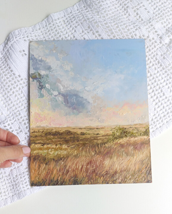 ZAKAT - 3 piece mini canvas painting, mountains, fields artwork Painting by  Anna Beglyakova