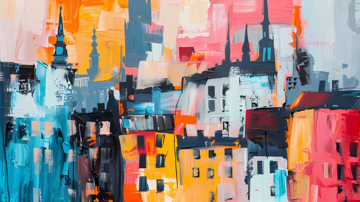 Digital Arts titled "Vibrant Cityscape S…" by Alona Vatkina, Original Artwork, Acrylic