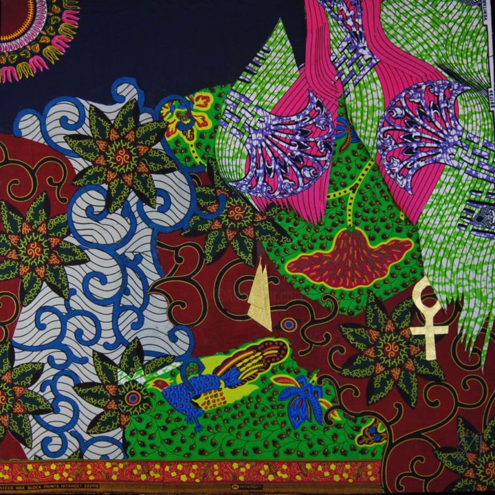 "More Than Human" başlıklı Tekstil Sanatı Kwame Akpokavi tarafından, Orijinal sanat, Kolaj Ahşap Sedye çerçevesi üzerine mon…