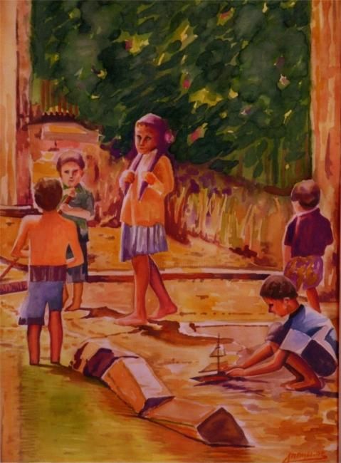 Peinture intitulée "les enfants au l'hi…" par Aloula, Œuvre d'art originale