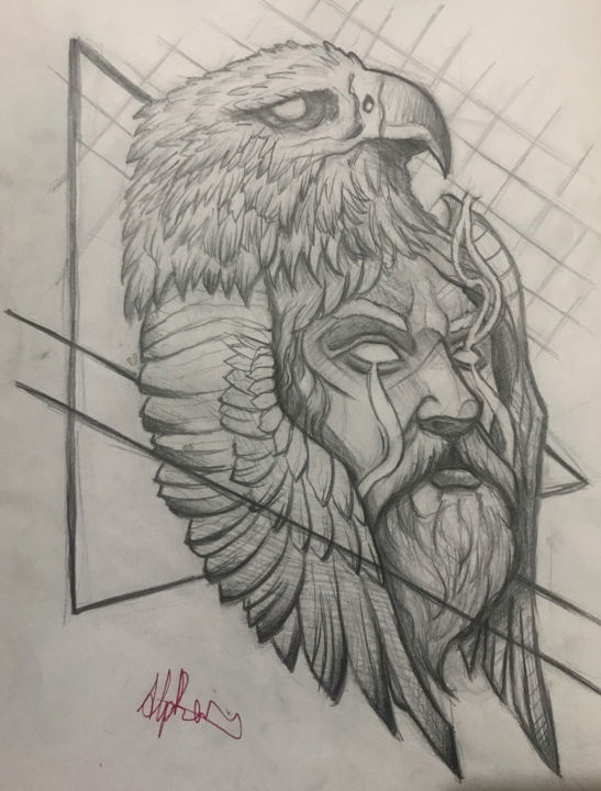 Dessin intitulée "Eagle-headed God" par Alp Bektaş, Œuvre d'art originale, Fusain