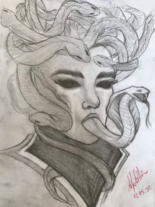 Dessin intitulée "Medusa" par Alp Bektaş, Œuvre d'art originale, Fusain
