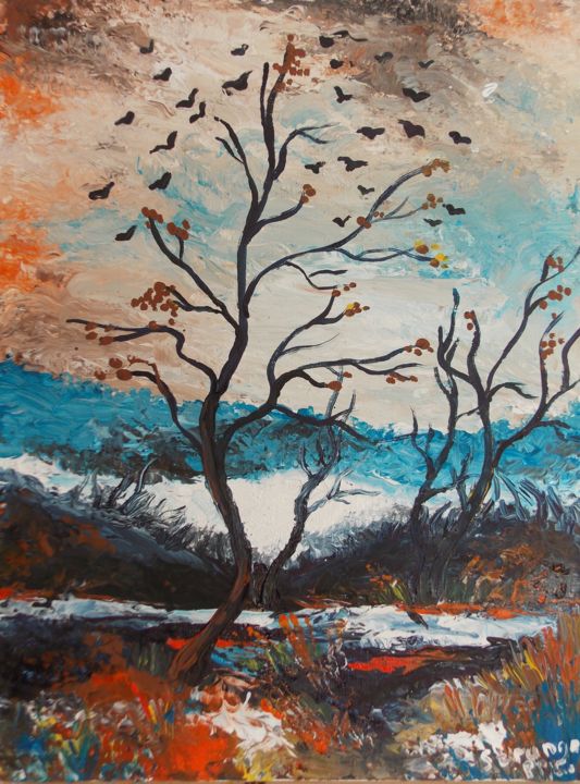 Painting titled "Last-day-of-autumn." by Strange People, Original Artwork, Oil