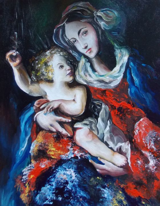 Pintura intitulada "Мадонна с младенцем." por Strange People, Obras de arte originais, Óleo