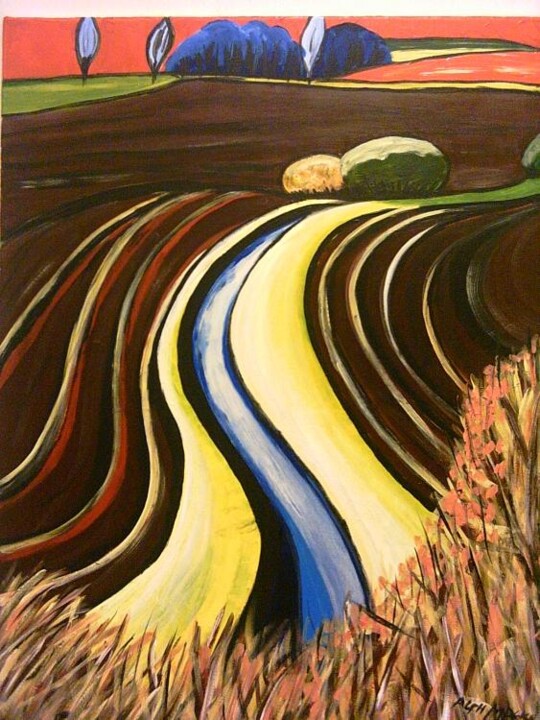 Painting titled "Oranged Meadow" by Alphonse Mpeke, Original Artwork