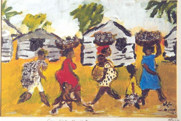 Painting titled "From fish Market" by Alphonse Mpeke, Original Artwork, Oil