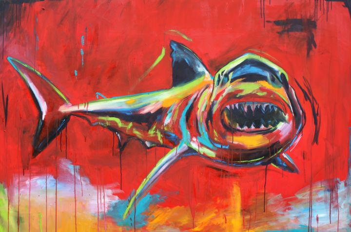 Painting titled "Requin rouge" by Ludovic Perrenoud, Original Artwork, Oil