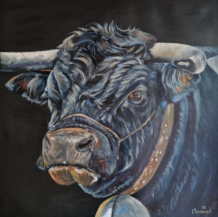 Schilderij getiteld "Vache d'Hérens 76" door Ludovic Perrenoud, Origineel Kunstwerk, Olie