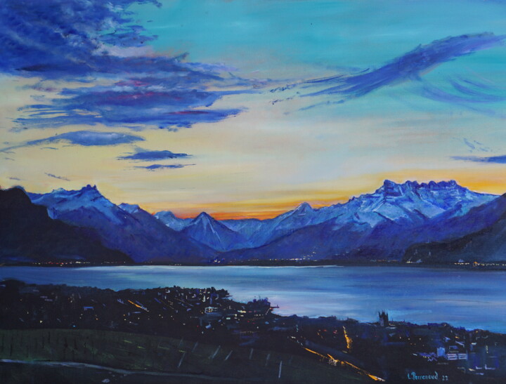 Malerei mit dem Titel "Vevey au petit matin" von Ludovic Perrenoud, Original-Kunstwerk, Öl