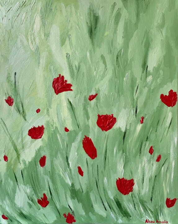 Painting titled "Red flowers" by Alsou Amalia, Original Artwork, Oil Mounted on Wood Stretcher frame