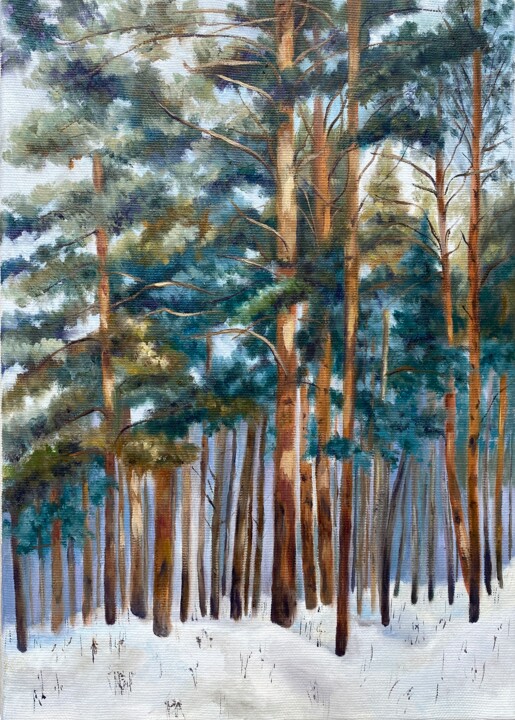 Painting titled "Winter" by Alsu Vagidullina, Original Artwork, Oil Mounted on Wood Stretcher frame