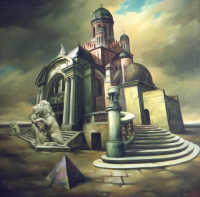 Картина под названием "Город-пирамида" - Анатолий Козельский, Подлинное произведение искусства, Масло