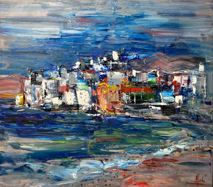 Painting titled "Abstract Mykonos" by Altin Furxhi, Original Artwork, Acrylic Mounted on Wood Stretcher frame