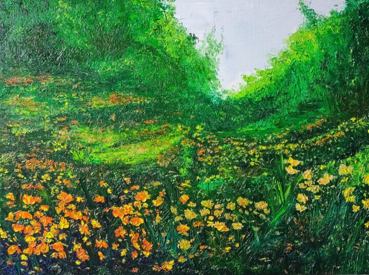 Painting titled "Flower meadow ." by Irina Avlasenko, Original Artwork, Oil