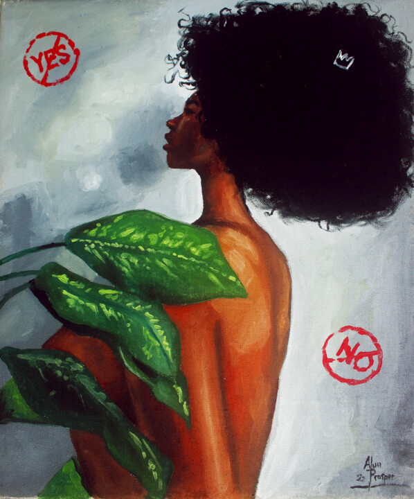 Painting titled "The nudity problem" by Aluu Prosper, Original Artwork, Oil Mounted on Wood Stretcher frame