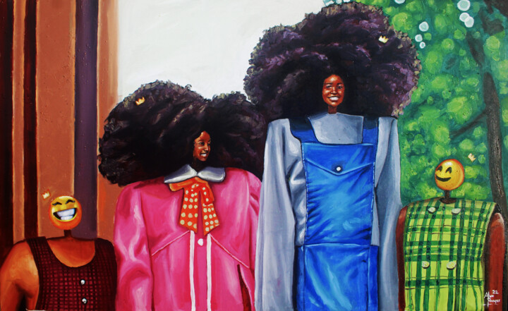 Painting titled "Happy sisters" by Aluu Prosper, Original Artwork, Oil Mounted on Wood Stretcher frame
