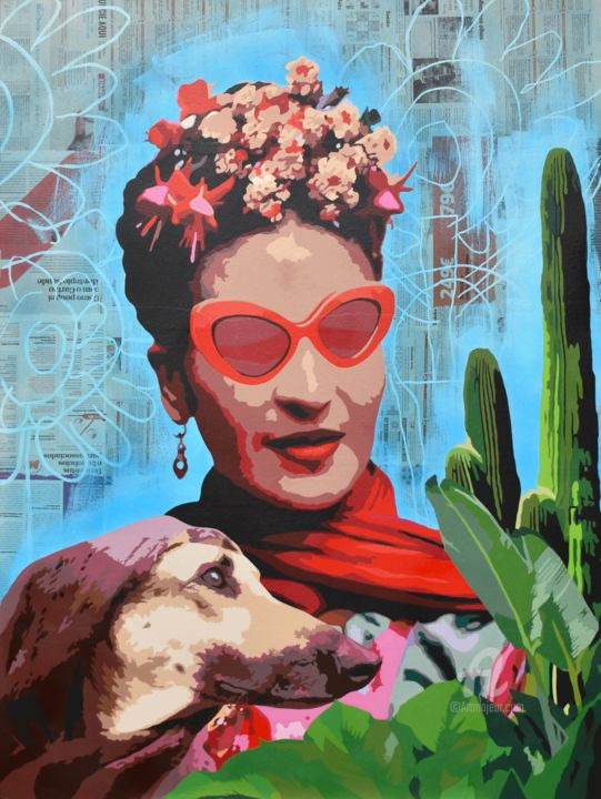 Schilderij getiteld "FRIDA WITH DOG AND…" door Alvarenga Marques, Origineel Kunstwerk, Acryl
