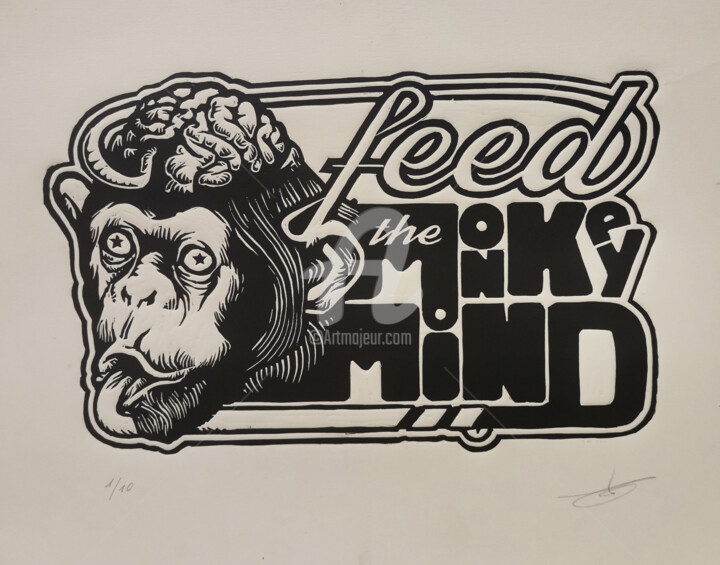 Printmaking titled "Feed the Monkey Mind" by Alvaro García Lema, Original Artwork, Linocuts