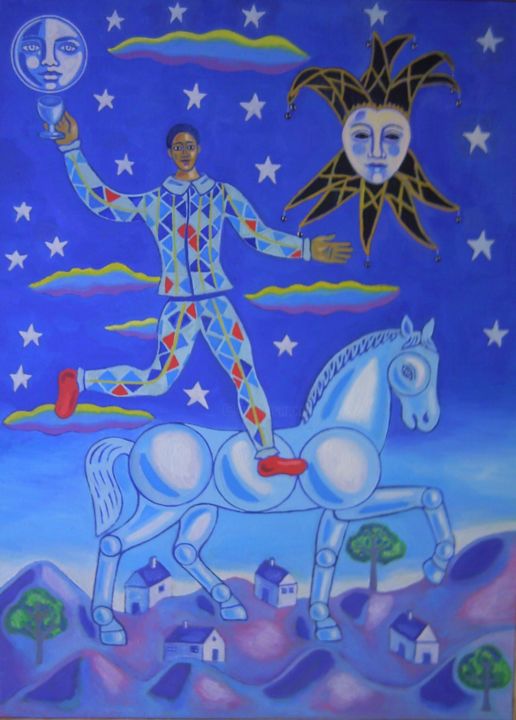 Painting titled "Arlequín con caballo" by Alvaro Garcia Caze, Original Artwork, Oil
