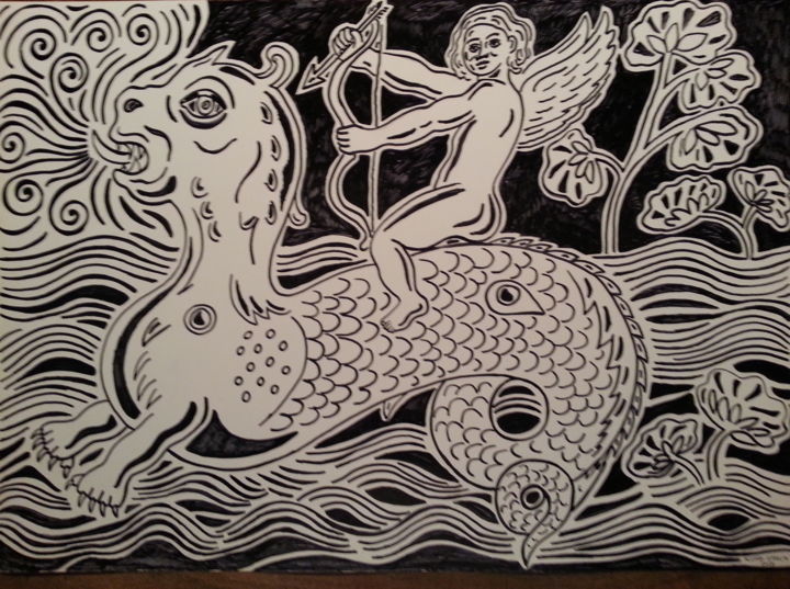 Dibujo titulada "Angel y dragon" por Alvaro Garcia Caze, Obra de arte original, Rotulador