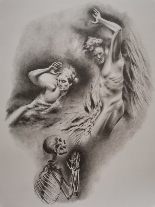 Dibujo titulada "La muerte y el alma" por Álvaro Urbanos Jiménez, Obra de arte original, Grafito Montado en Panel de madera