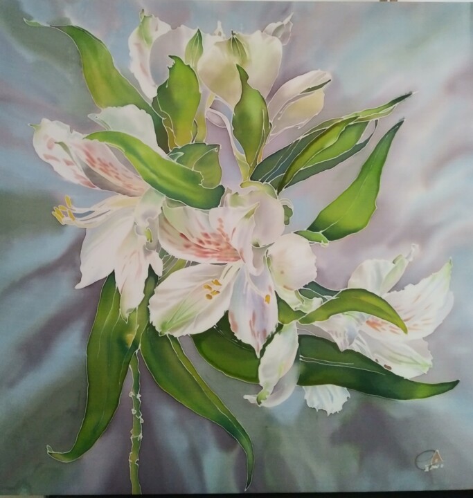 Painting titled "White flowers" by Alyona Shpendik, Original Artwork, Fabric Mounted on Wood Stretcher frame