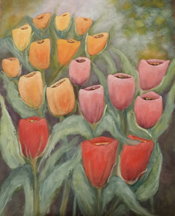 Peinture intitulée "Les tulipes du Vino…" par Anne - Marie Menenteau, Œuvre d'art originale, Huile