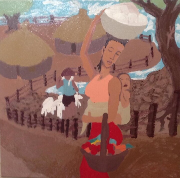 Painting titled "Aprés la pluie au v…" by Amadou Cisse, Original Artwork, Oil