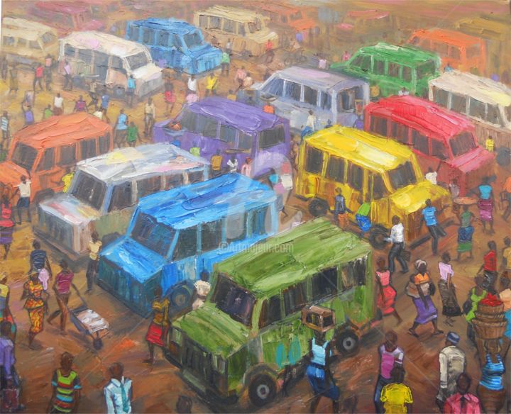 Painting titled "Bussy lorry station" by Amakai Quaye, Original Artwork