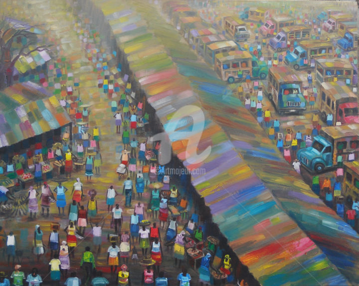 Peinture intitulée "Bussy lorry station…" par Amakai Quaye, Œuvre d'art originale