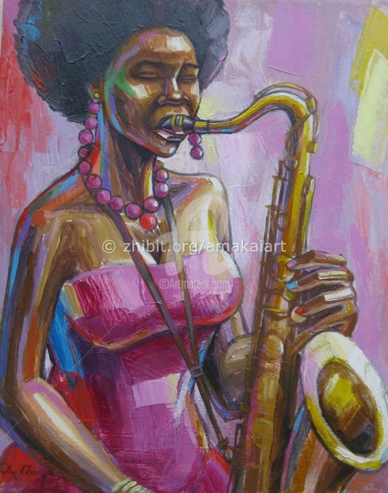 Pittura intitolato "afro-woman-on-sax" da Amakai Quaye, Opera d'arte originale