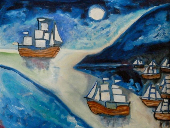 Peinture intitulée "Caravels in blue -…" par Amamede, Œuvre d'art originale, Autre