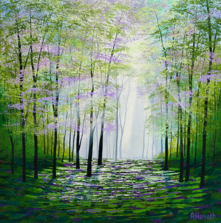 Painting titled "Lilac and Sunbeams" by Amanda Horvath, Original Artwork, Acrylic Mounted on Wood Stretcher frame