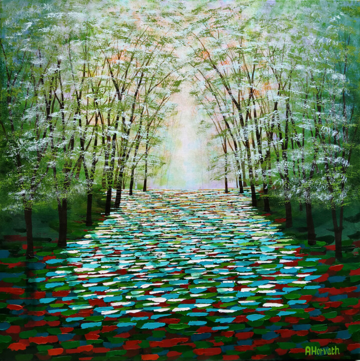 Malarstwo zatytułowany „A Quieter Forest Way” autorstwa Amanda Horvath, Oryginalna praca, Akryl Zamontowany na Drewniana ram…
