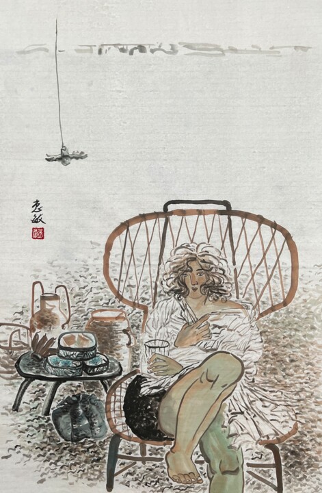 Painting titled "闲坐庭前听落花" by Amanda Ye, Original Artwork, Pigments
