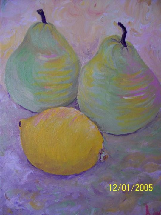 Painting titled "Pears and Lemon" by Amanda Garrison, Original Artwork