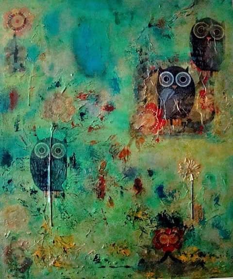 Schilderij getiteld "02 owl" door Meri Amani, Origineel Kunstwerk, Acryl