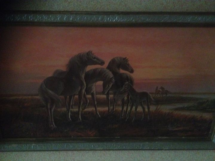 Peinture intitulée "les chevaux" par Amar Zitouni, Œuvre d'art originale, Huile