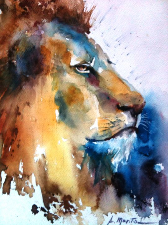 Painting titled "León" by Ana Rosa Mariño, Original Artwork, Watercolor