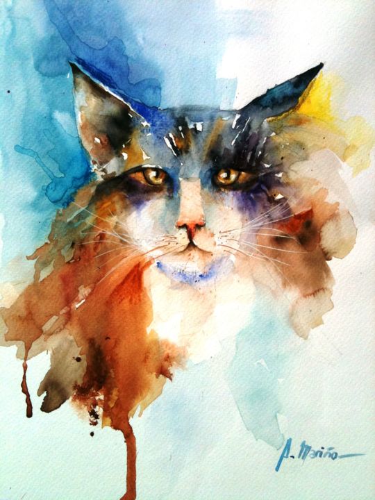 Painting titled "Gato" by Ana Rosa Mariño, Original Artwork, Watercolor