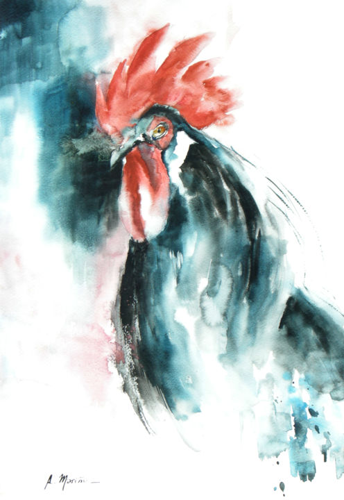 Painting titled "Gallo" by Ana Rosa Mariño, Original Artwork, Watercolor