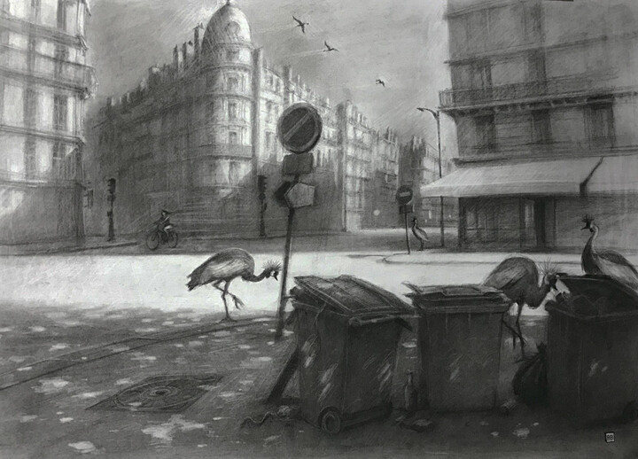 Desenho intitulada "Les grues" por Amaury Brumauld, Obras de arte originais, Carvão