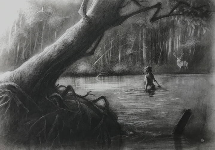 Drawing titled "Le cerf blanc" by Amaury Brumauld, Original Artwork, Charcoal