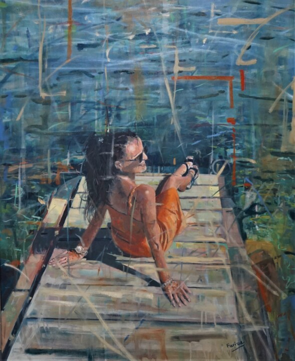 Картина под названием "Tomando el sol" - Amaya F Fariza, Подлинное произведение искусства, Масло Установлен на Деревянная ра…