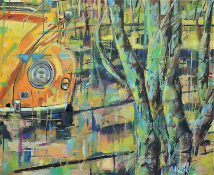 Painting titled "Coche en Amarillos" by Amaya F Fariza, Original Artwork, Oil Mounted on Wood Stretcher frame