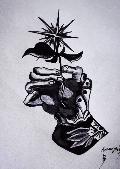 Dessin intitulée "La Rose Des Vents" par Amazeigh Bouzékri, Œuvre d'art originale, Encre